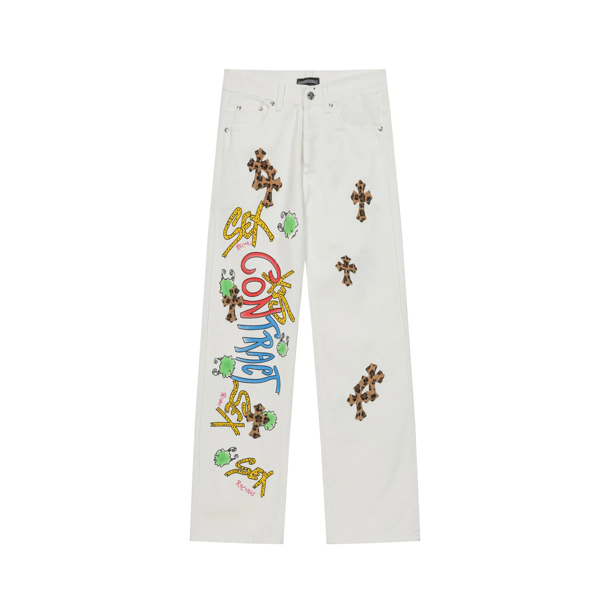P280 -Chrome Hearts/Chrome Hearts 25ss classic white cow series colored leather cross washed color cloth unisex denim trousers -Vibe style straight stacked god-level version -carbon fine bias denim color cloth -old vintage complete set of hardware - Chrome Hearts white cow series The high version uses high-ounce custom fabrics, fermentation washing and soft color fixation, soft and thick to wear, the details are all hand-polished and manufactured with craftsmanship, all-over jacquard fabrics, unique design style After multiple processes to create a full retro feel, a niche and unique non-contrast shirt, custom-made distressed spray-painted buttons, every detail is crafted with craftsmanship. Color: Picture color Code number: 28-36